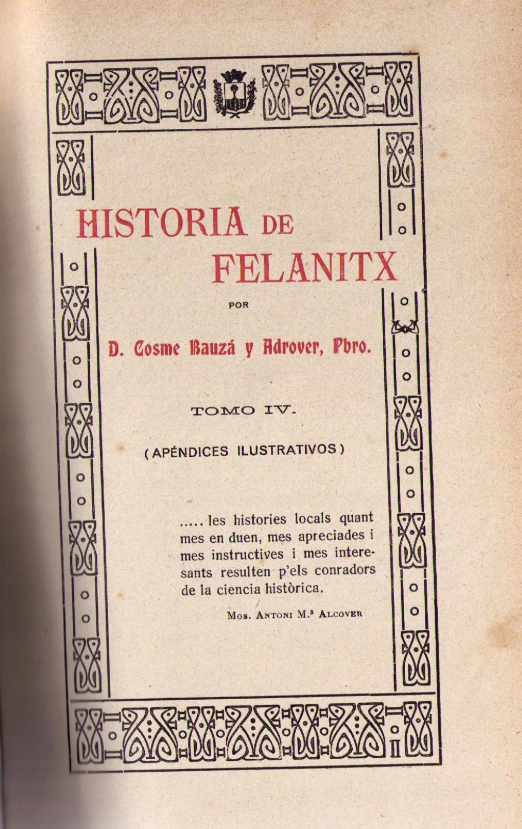 Coberta de Historia de Felanitx (Tom I)